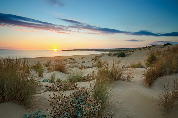 sunset view near beach wave, Sampieri, Coast, Country, Dune, Sand