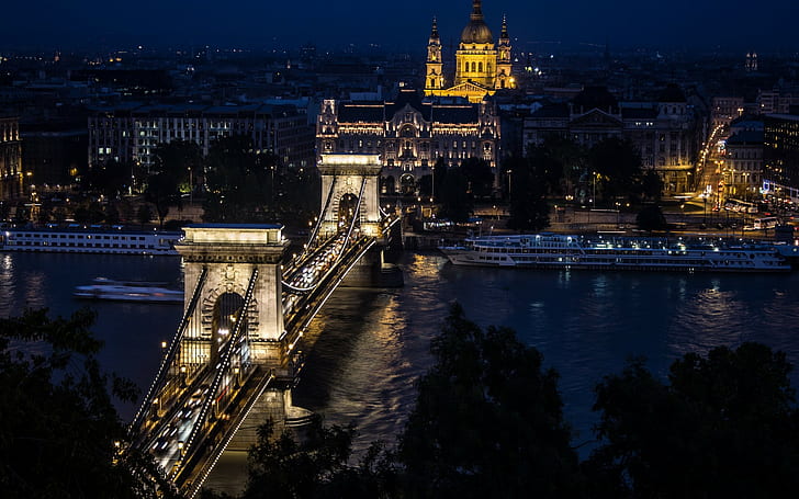 Chain Bridge, Budapest, Hungary, cityscape, night