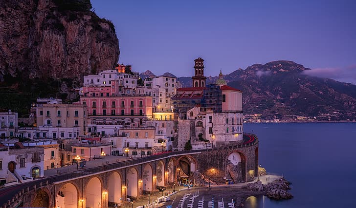 sea, mountains, coast, building, home, Italy, Campania, viaduct, HD wallpaper