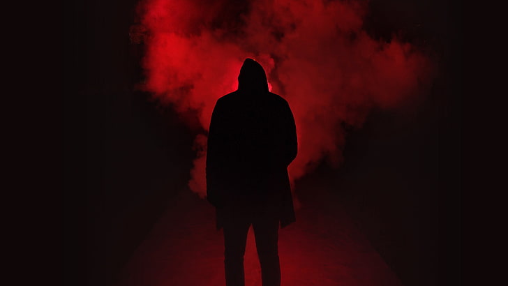 photography, red, smoke, shilouettes, silhouette, one person, HD wallpaper