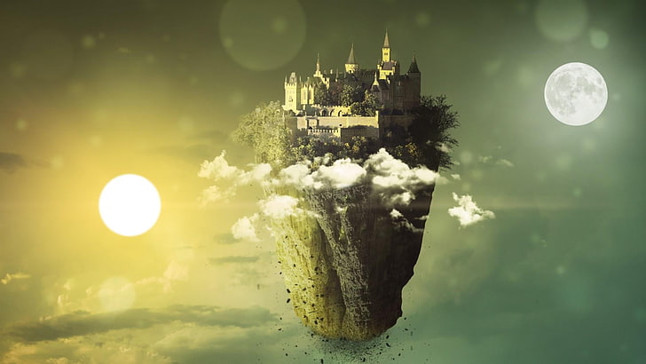 moon, castle, floating island, dreamland, sky, cloud - sky