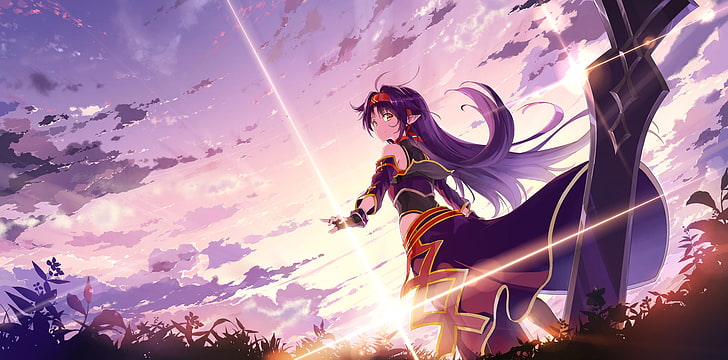 purple haired female anime character illustration, clouds, gloves