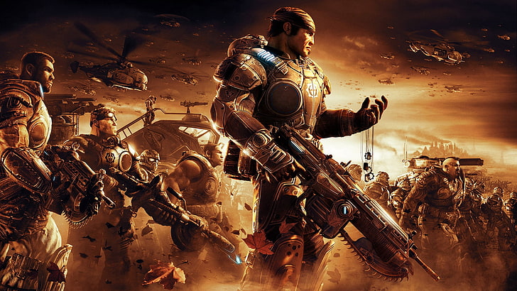 army wallpaper, gears of war, soldiers, sky, helicopter, gun