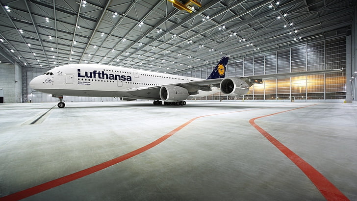white Lufthansa airplane, Airbus, A380, hangar, vehicle, transportation