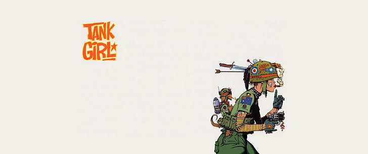 Tank Girl illustration, comic books, text, men, studio shot, copy space