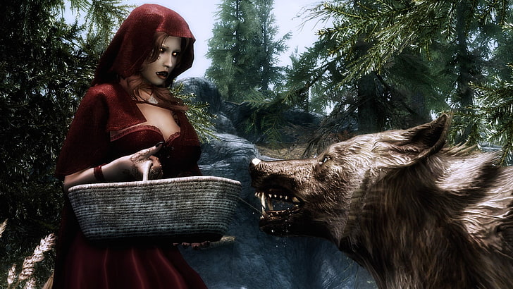 The Elder Scrolls V: Skyrim, wolf, Little Red Riding Hood, tree, HD wallpaper
