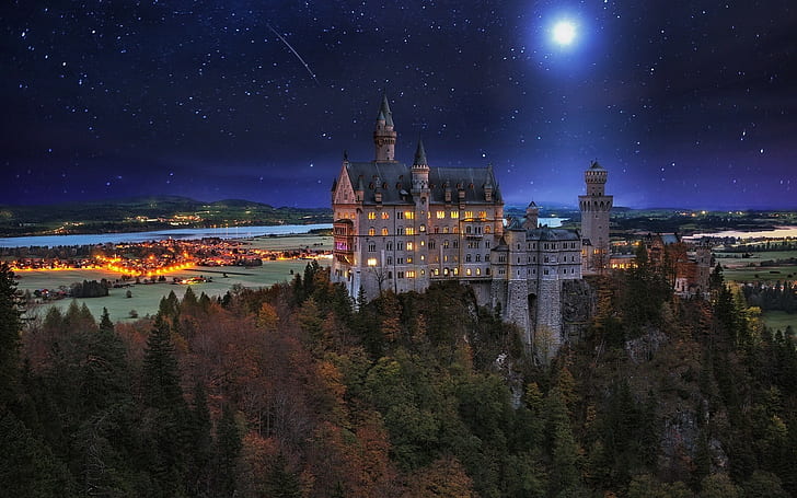 Neuschwanstein Castle, fall, valley, palace, starry night, architecture