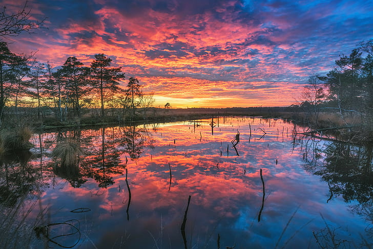 landscape, sunrise, dawn, lake, reflection, nature, sky, water, HD wallpaper
