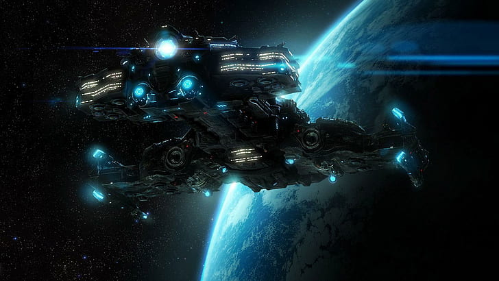 Battlecruiser - StarCraft, black blue and white space ship, games