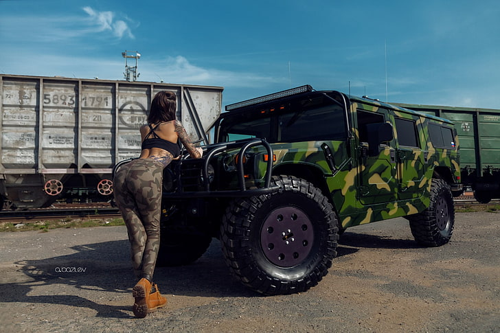 green camouflage Hummer H1 SUV, Katerina Kas, women, model, women with cars