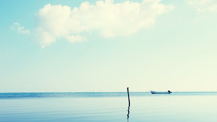 blue body of water, sea, anime, lake, boat, blueprints, sky, beauty in nature, HD wallpaper