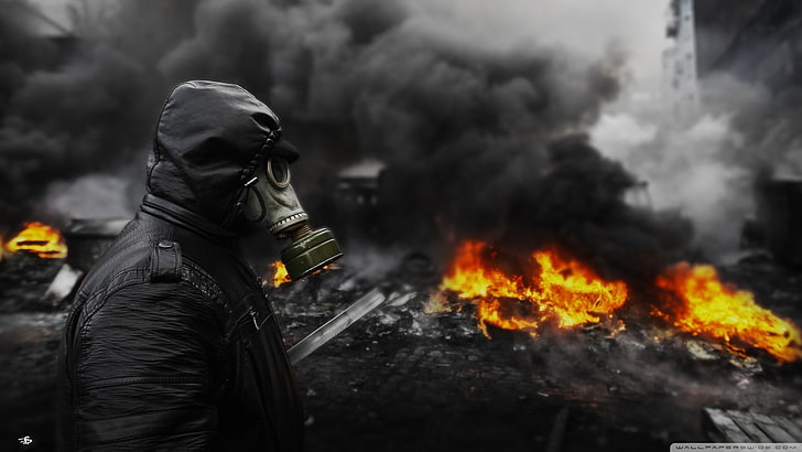 black and red plastic toy, gas masks, fire, smoke - physical structure, HD wallpaper