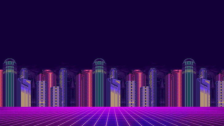 synthwave, 8-bit, cityscape, pixels, artwork, Mega Man X, HD wallpaper
