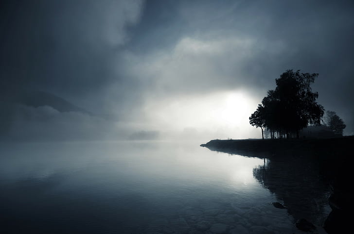 mist, lake, trees, mountains, clouds, reflection, water, HD wallpaper