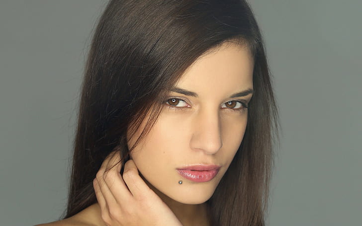 Candice Luca, long hair, piercing, brunette, brown eyes, face, HD wallpaper