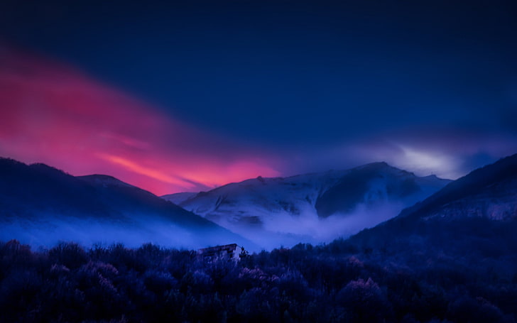 sunset, Armenia, forest, mountains, landscape, mist, snowy peak, HD wallpaper