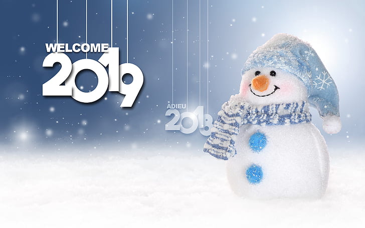 2019 (Year), 2018 (Year), snowman, smiling, blue