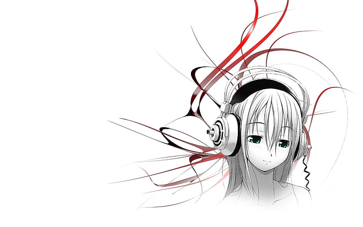 Luka Megurine illustration, anime, headphones, Super Sonico, indoors