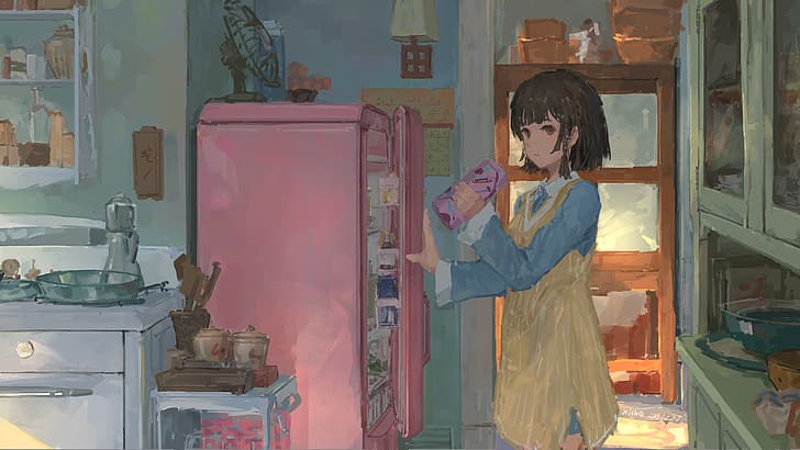 XilmO, anime, anime girls, artwork, fridge, food, kitchen, HD wallpaper