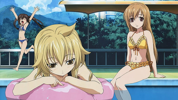 anime, Anime Girls, Blue bikinis, water, Yellow bikinis