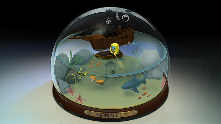 Steam Snow Globe Assassin's Creed Black Flag Pirate Ship Shark Underwater Treasure HD, brown wooden framed water globe, HD wallpaper