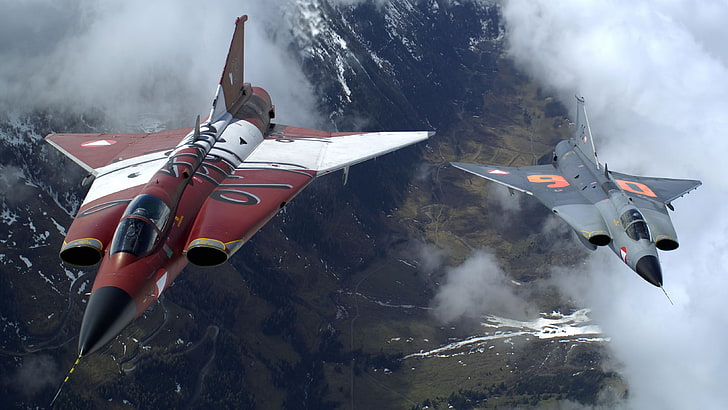 two gray and red fighter planes, vehicle, airplane, jet fighter