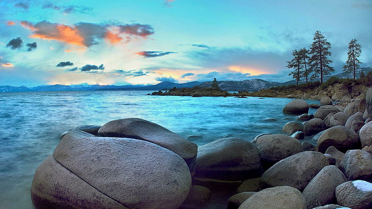 Hidden Beach Lake Tahoe Nevada, trees, rocks, clouds, nature and landscapes