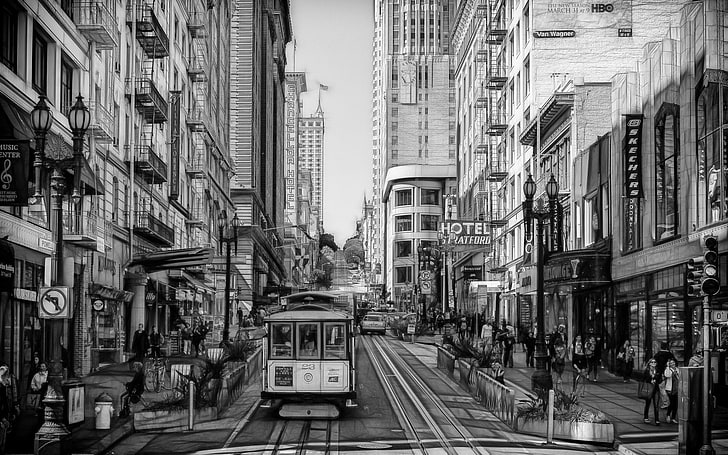 monochrome, San Francisco, cable cars, city, architecture, building exterior