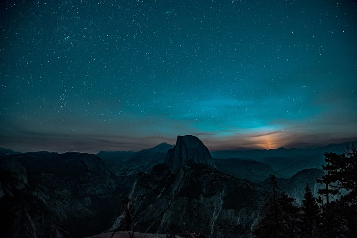 Yosemite Valley, USA, sky, blue, mountains, stars, HD wallpaper