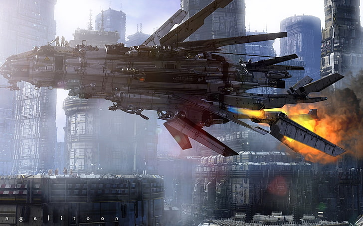 gray spaceship, science fiction, artwork, futuristic, futuristic city