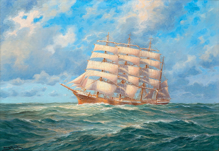 painting of galleon ship, the sky, clouds, sailboat, picture, HD wallpaper