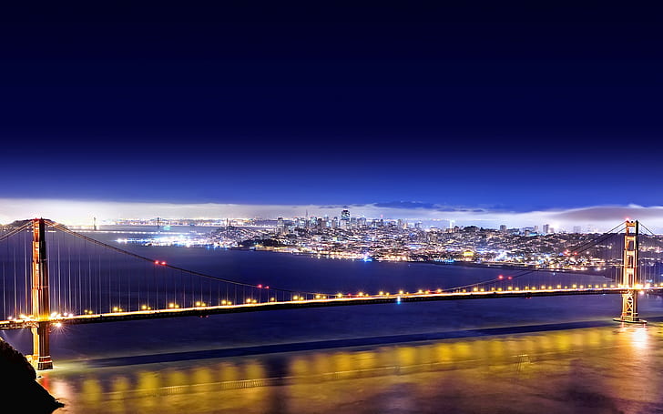 cityscape, bridge, Golden Gate Bridge, lights, night, San Francisco, HD wallpaper