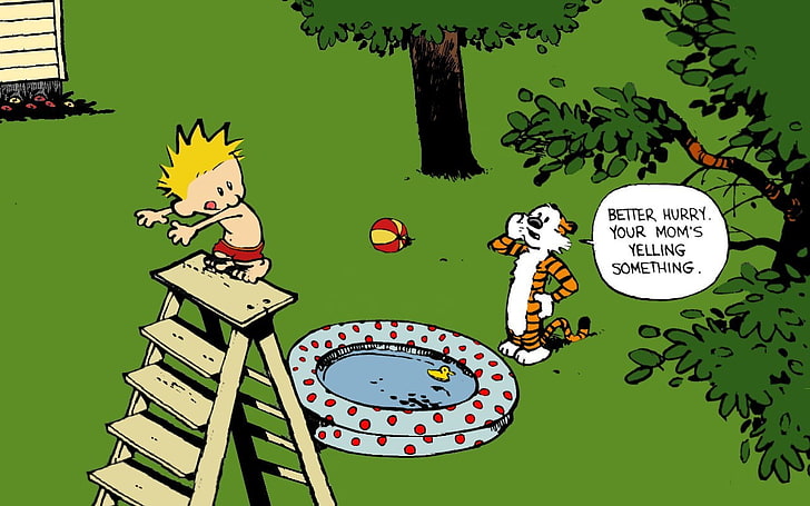 boy and tiger illustration, Calvin and Hobbes, comics, Bill Watterson, HD wallpaper