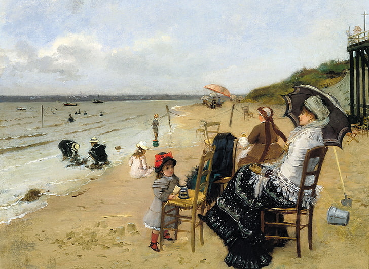 sea, picture, genre, Ernest Ange Duez, Mother with Daughter on the Beach
