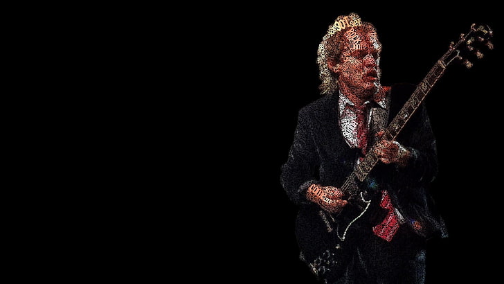 black electric guitar, AC/DC, Angus Young, typographic portraits, HD wallpaper