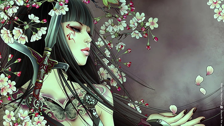 fantasy girl, fantasy art, women, sword, artwork, Zhang Xiao Bai, HD wallpaper