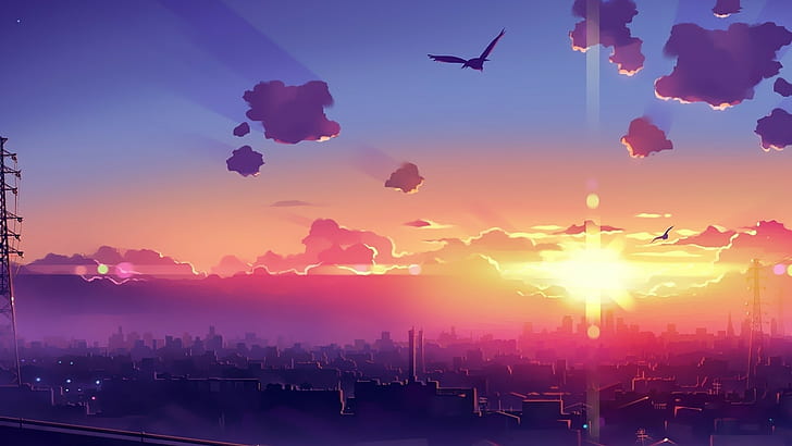 Anime, City, Sunset, Skyline