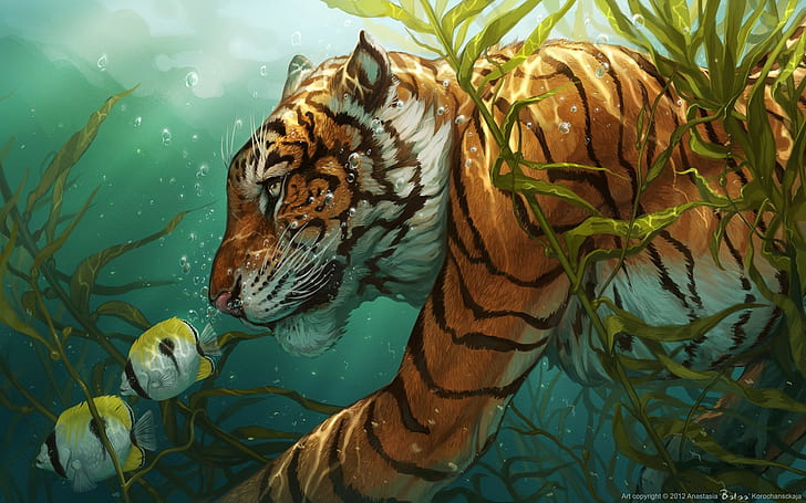 Tiger Drawing Underwater Fish HD, digital/artwork, HD wallpaper