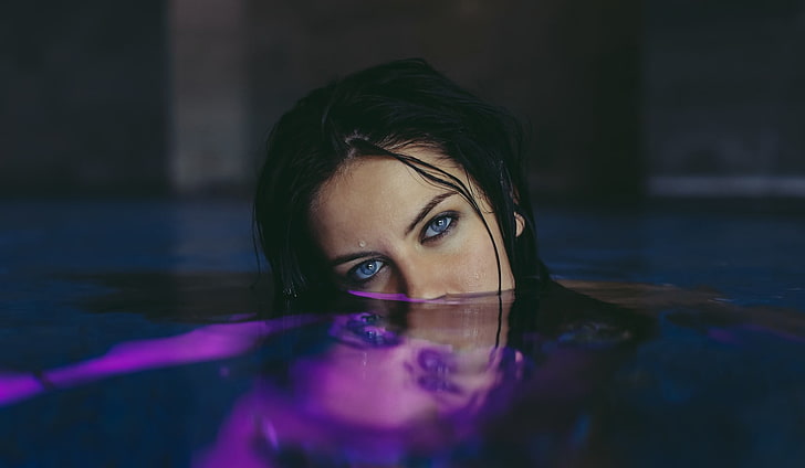 woman's face, women, brunette, blue eyes, wet, wet hair, water, HD wallpaper