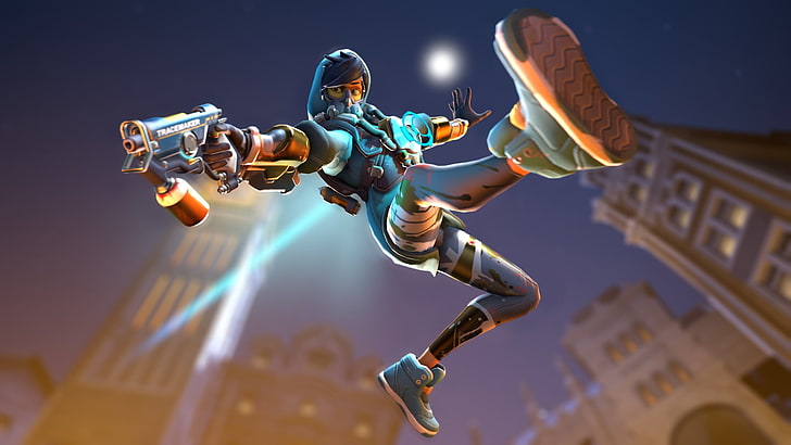 Overwatch wallpaper, video games, Tracer (Overwatch), mid-air