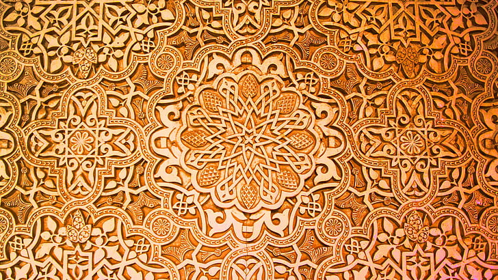 orange textile, pattern, artwork, art and craft, full frame, floral pattern, HD wallpaper