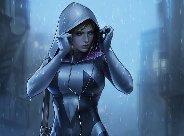 woman in gray raincoat anime character, look, girl, headphones