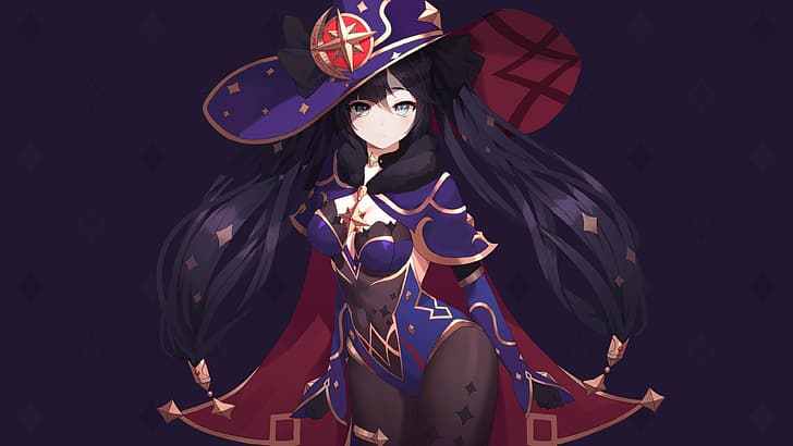 Mona (Genshin Impact), twintails, witch hat, purple background