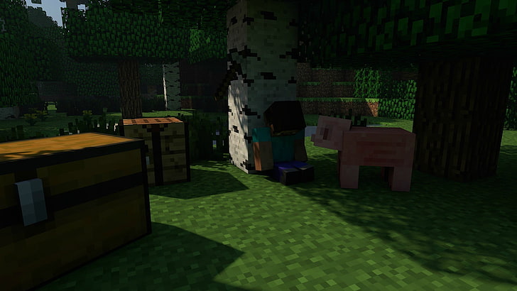 Minecraft game illustration, trees, crafting tables, pigs, video games