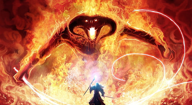 LOTR, man with fire monster behind illustration, Artistic, Fantasy