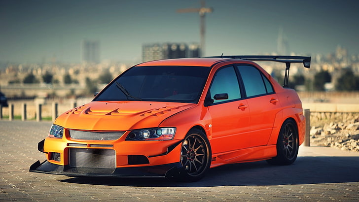 orange sedan, Mitsubishi, Mitsubishi Lancer Evolution IX, car