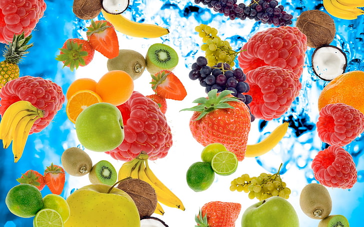 grapes, apple, coconut, raspberries, kiwi, strawberry, water, HD wallpaper
