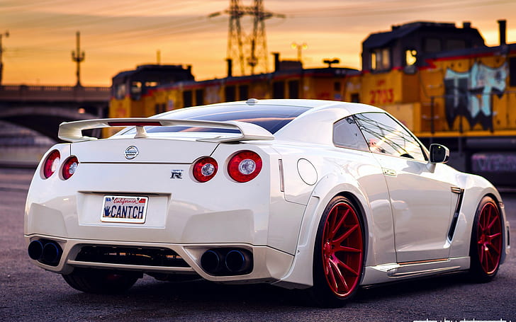 supercars, back, tuning, wheels, GT R, white, Nissan, sunset, HD wallpaper