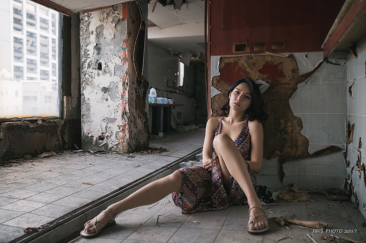 ruin, women, on the floor, model, sitting, one person, real people