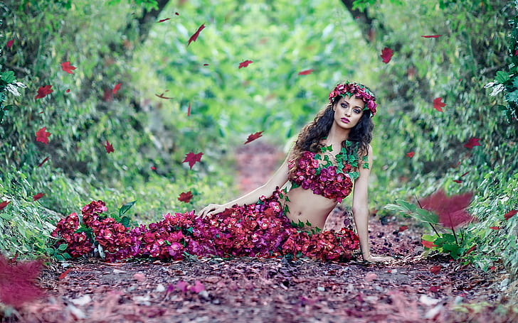 Beautiful girl, flowers dress, leaves, autumn, HD wallpaper